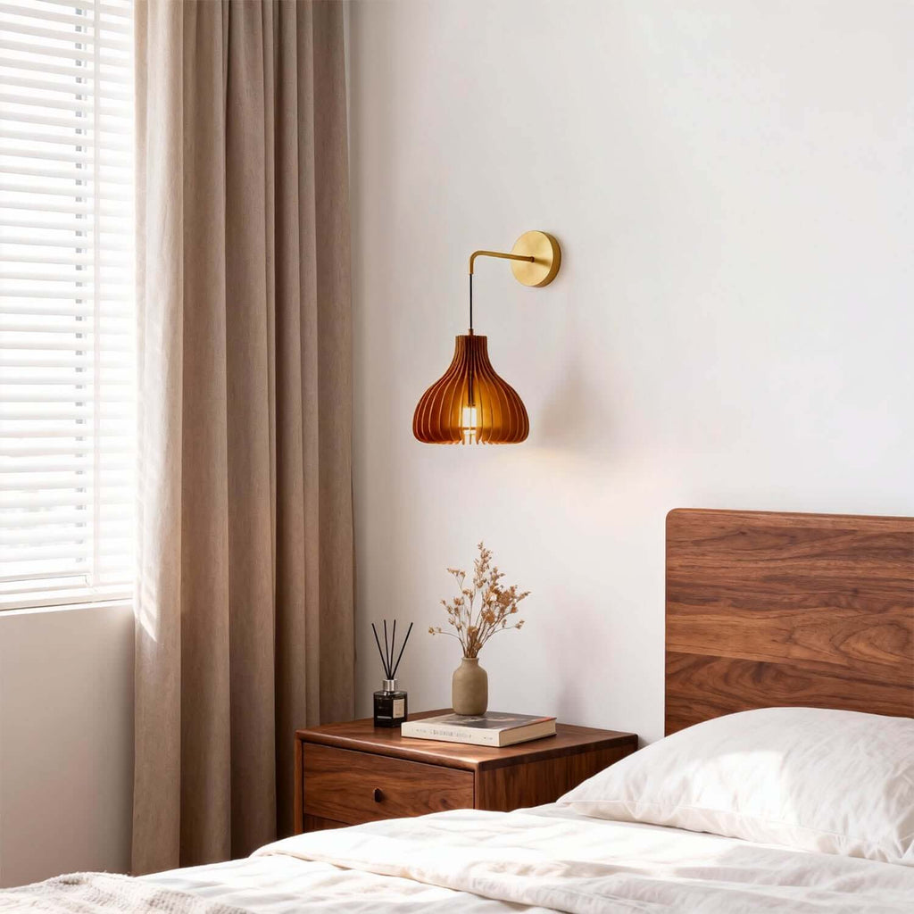 Toravi A Wood & Brass Wall Sconce | Round Bedside Accent Light