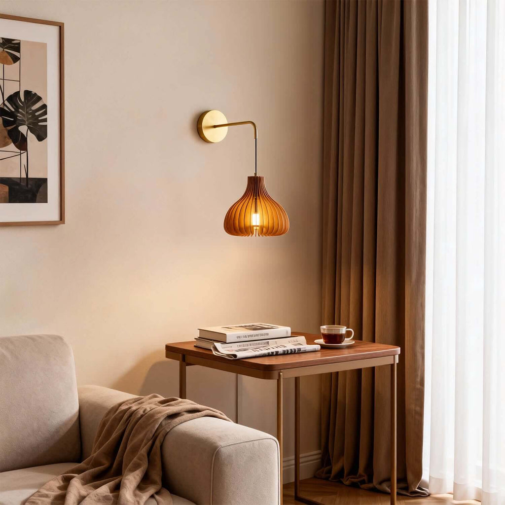 Toravi A Wood & Brass Wall Sconce | Round Bedside Accent Light