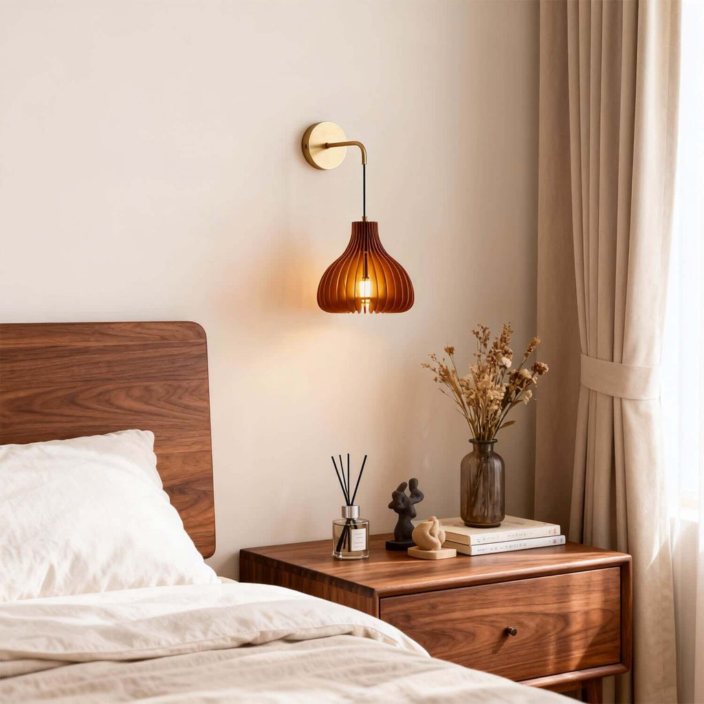 Toravi A Wood & Brass Wall Sconce | Round Bedside Accent Light