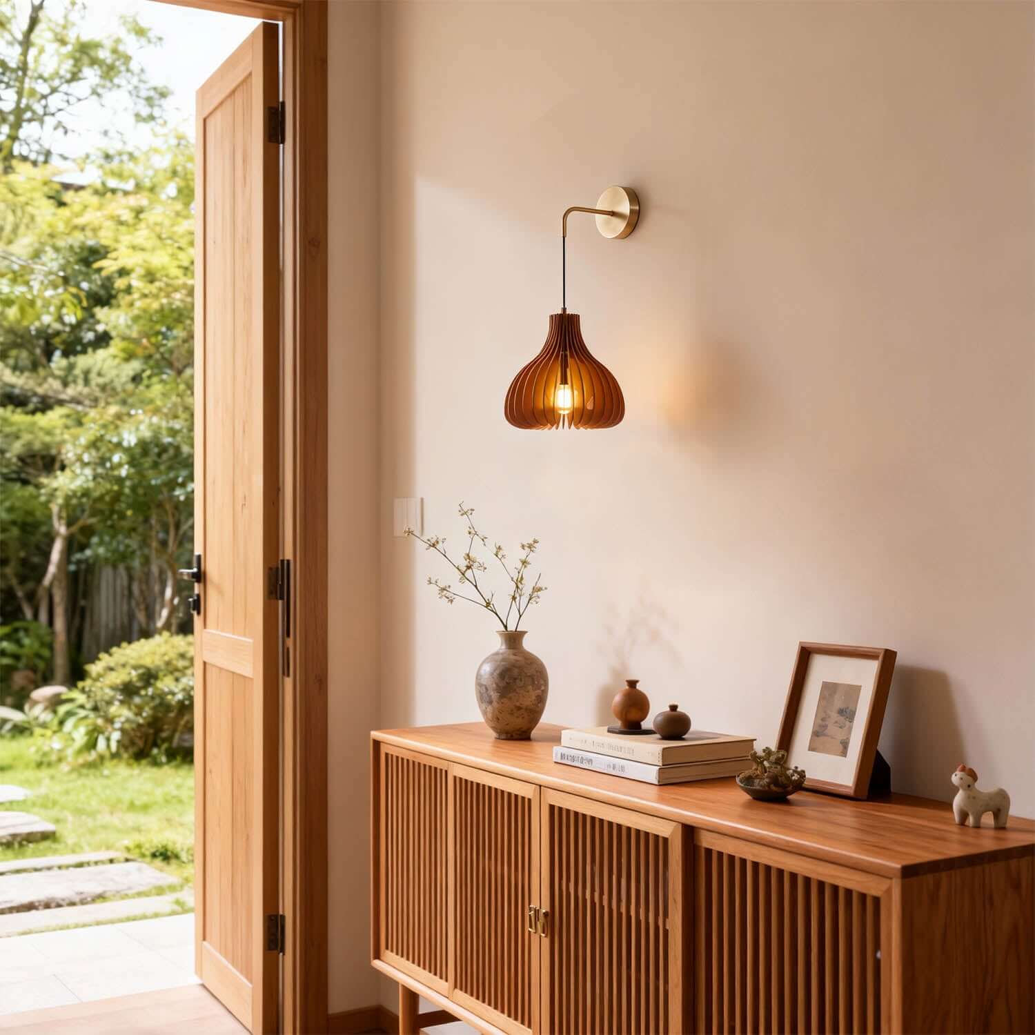 Toravi A Wood & Brass Wall Sconce | Round Bedside Accent Light