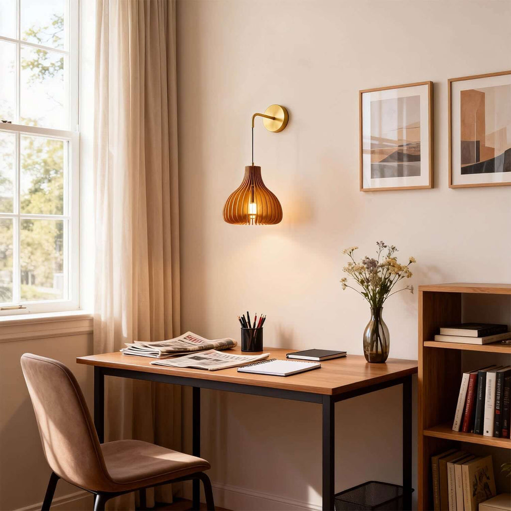 Toravi A Wood & Brass Wall Sconce | Round Bedside Accent Light