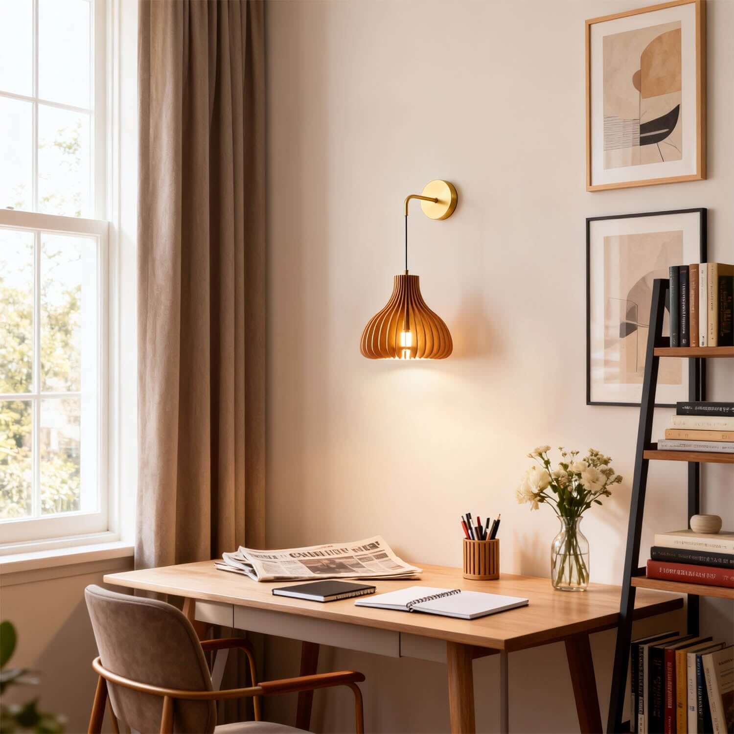Toravi A Wood & Brass Wall Sconce | Round Bedside Accent Light