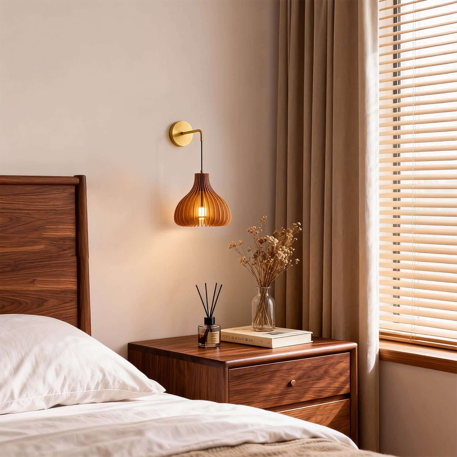 Toravi A Wood & Brass Wall Sconce | Round Bedside Accent Light