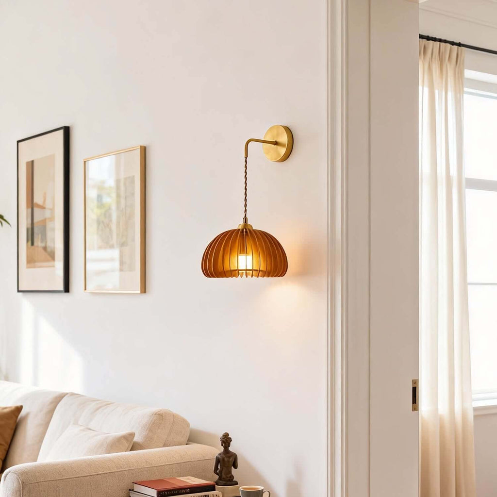Toravi Wood & Brass Wall Light | Round Bedside Sconce