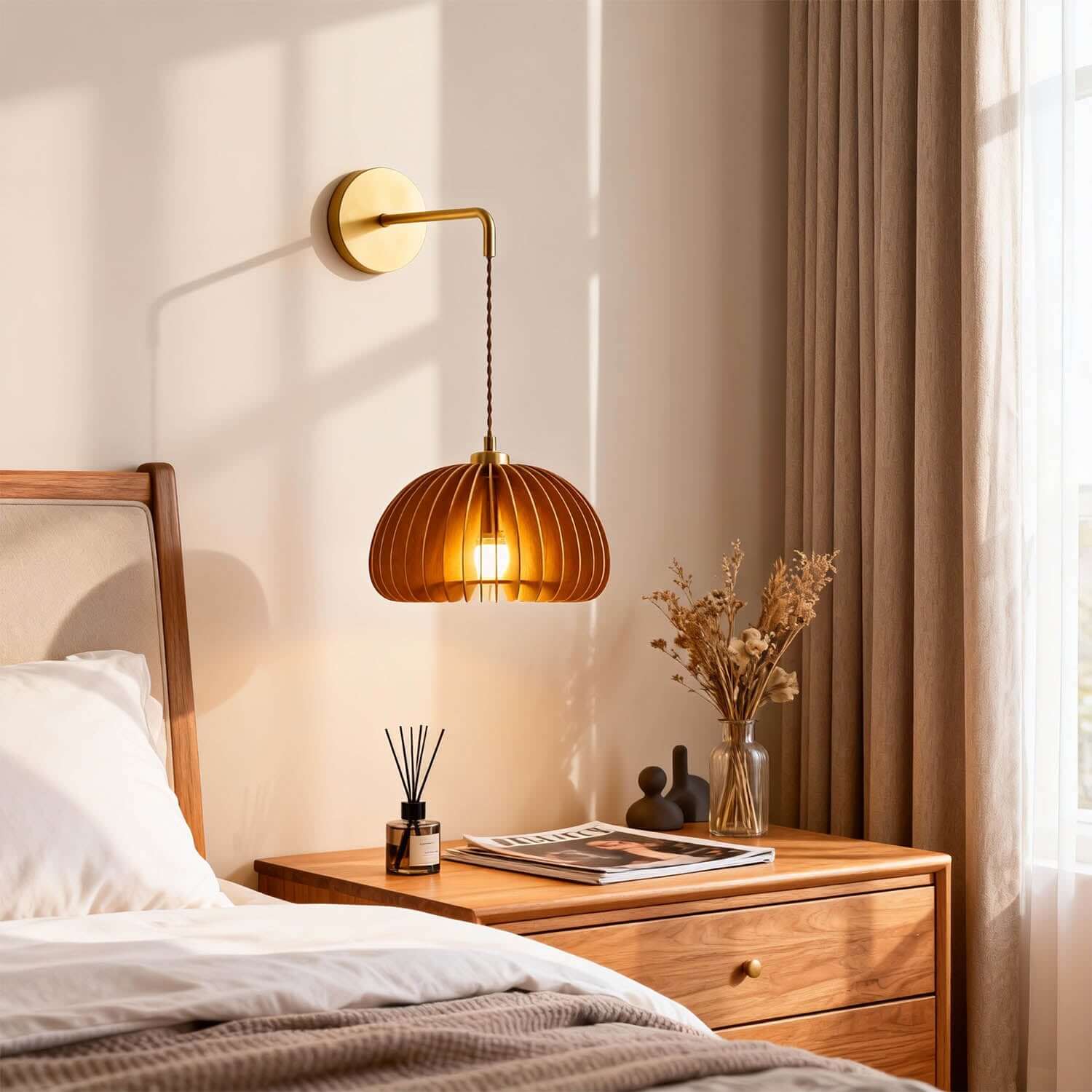 Toravi Wood & Brass Wall Light | Round Bedside Sconce