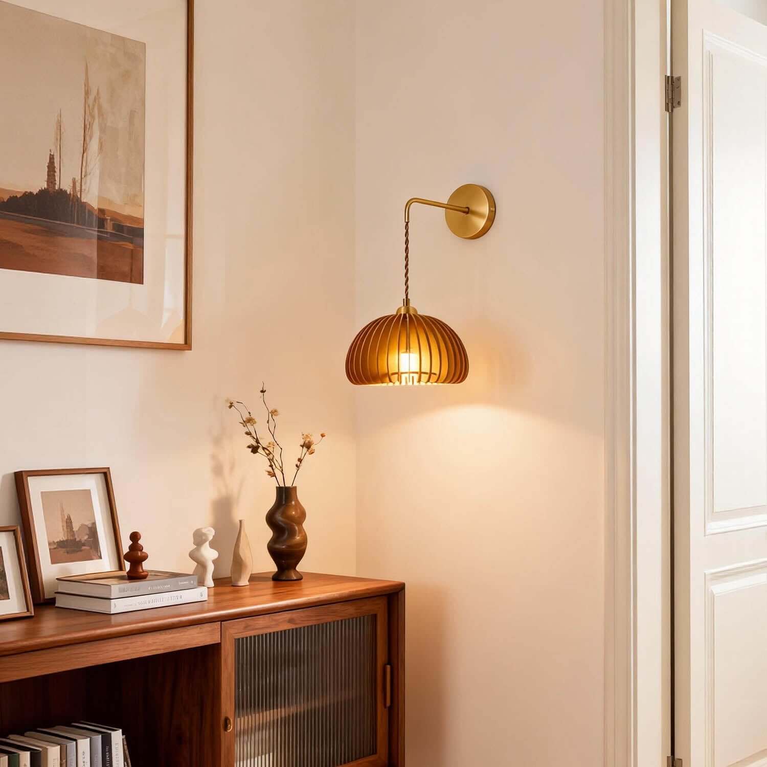 Toravi Wood & Brass Wall Light | Round Bedside Sconce