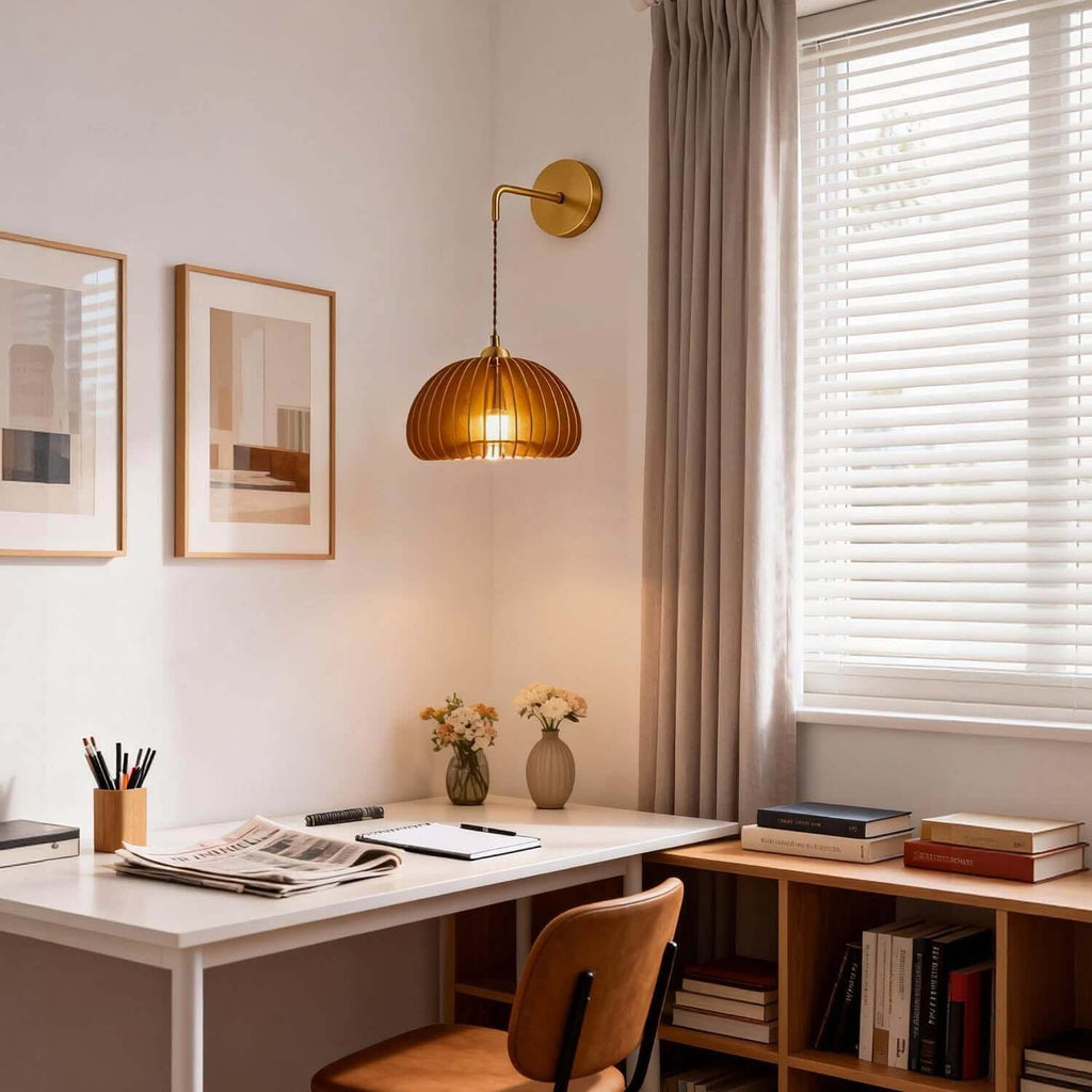 Toravi Wood & Brass Wall Light | Round Bedside Sconce