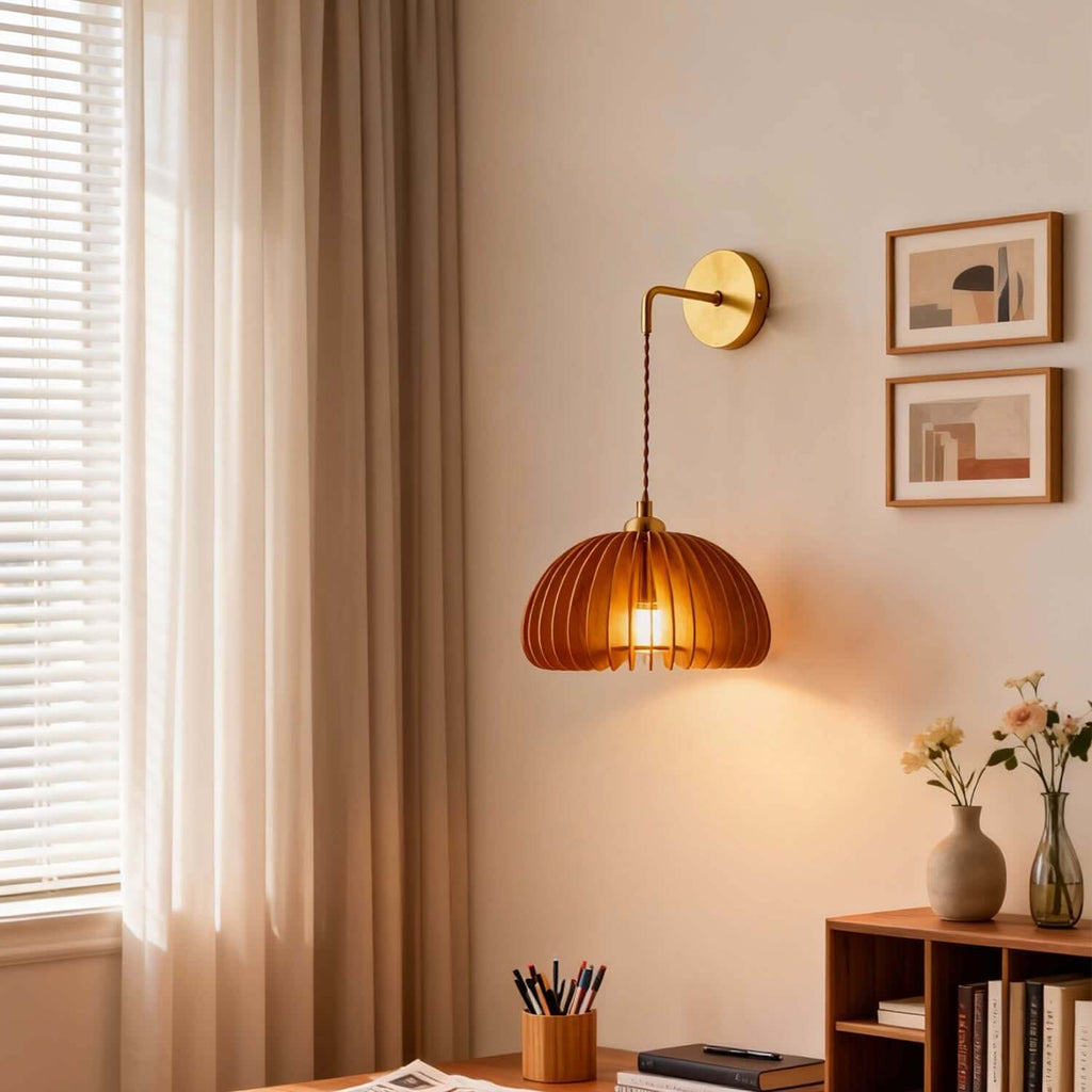 Toravi Wood & Brass Wall Light | Round Bedside Sconce