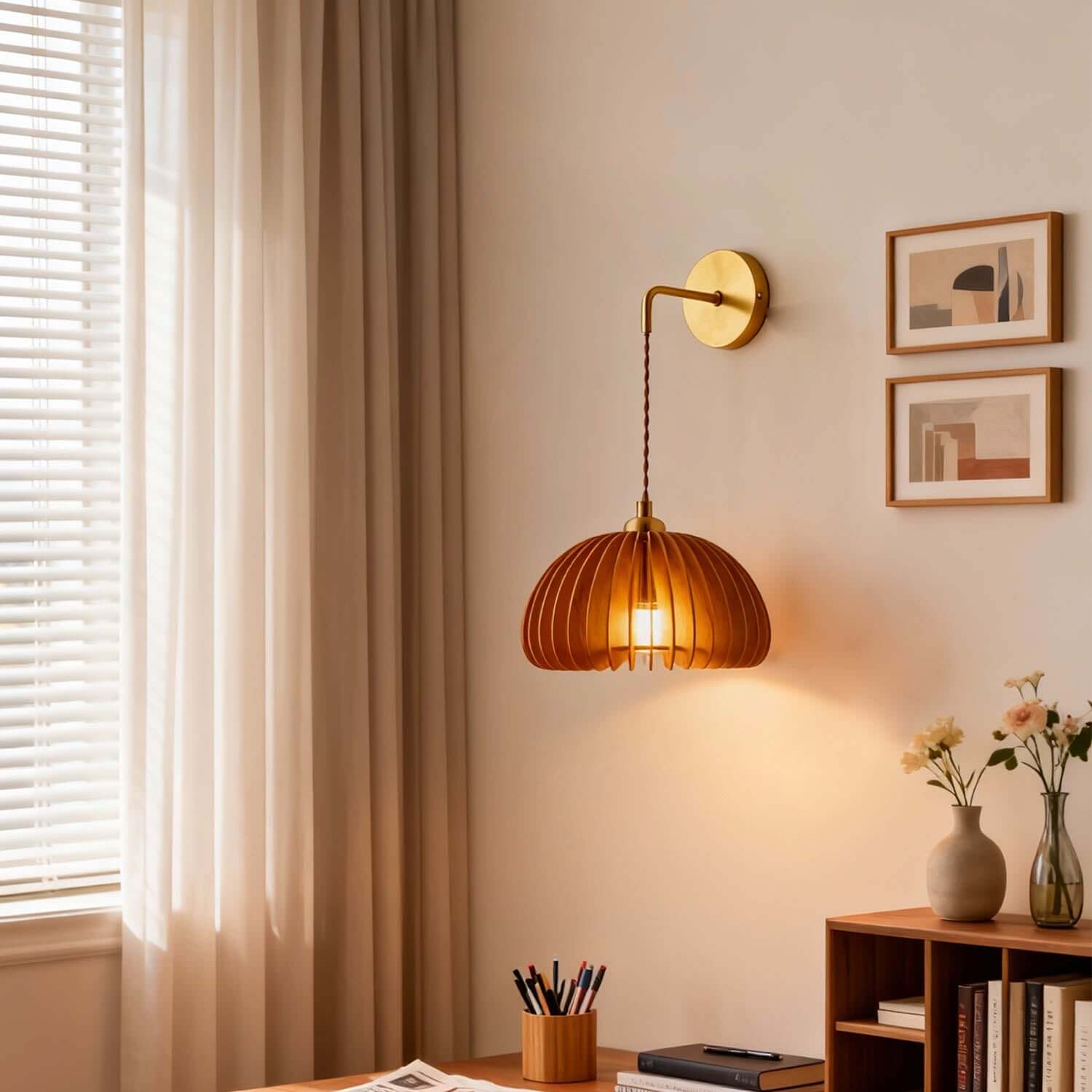 Toravi Wood & Brass Wall Light | Round Bedside Sconce