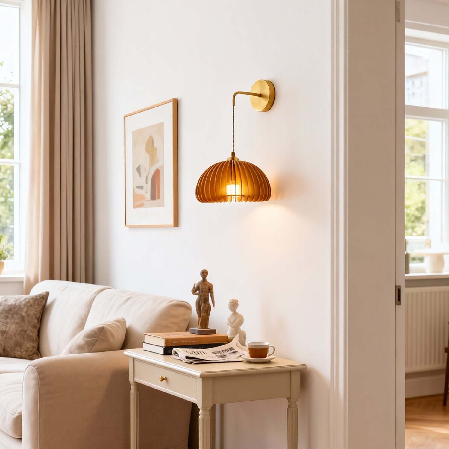 Toravi Wood & Brass Wall Light | Round Bedside Sconce