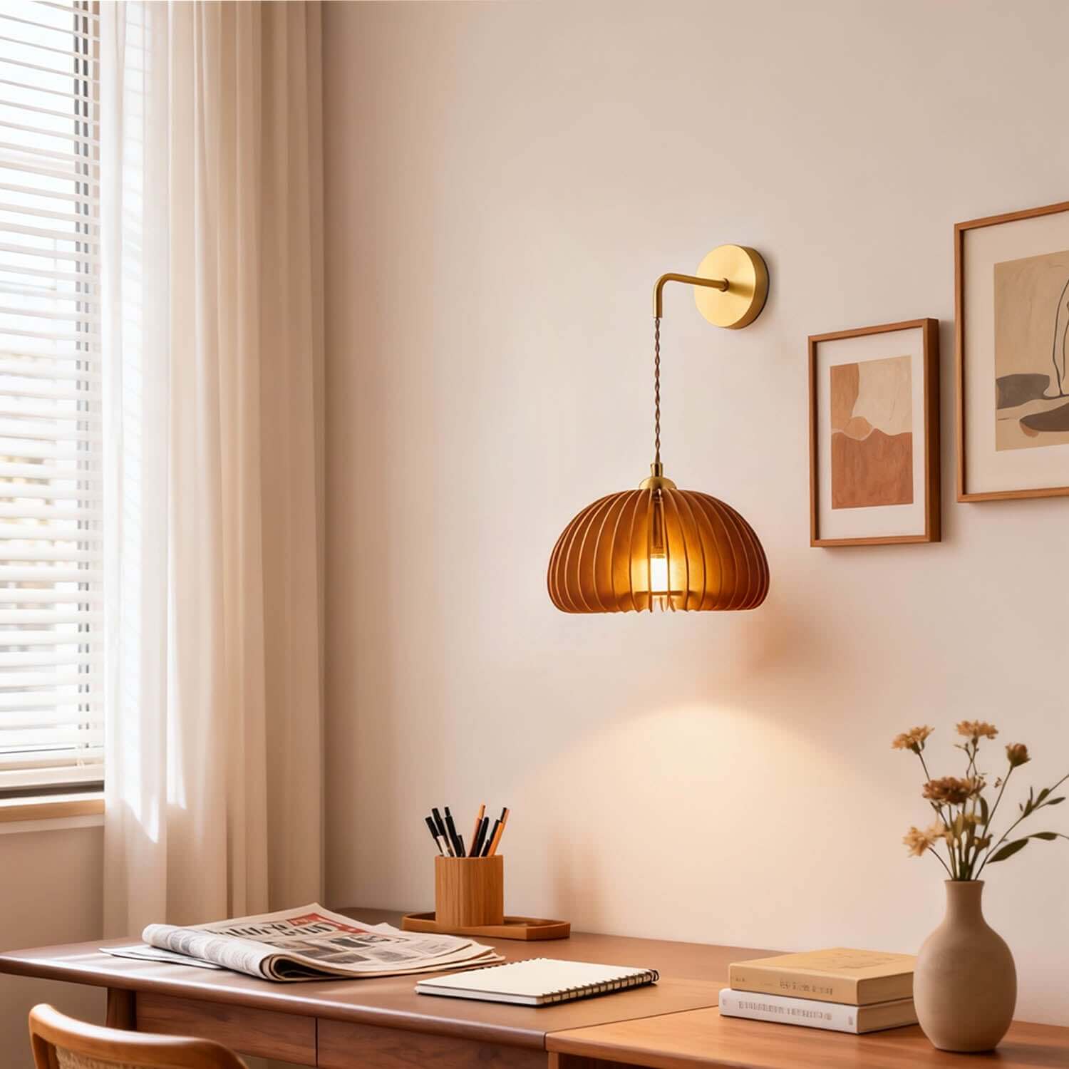 Toravi Wood & Brass Wall Light | Round Bedside Sconce