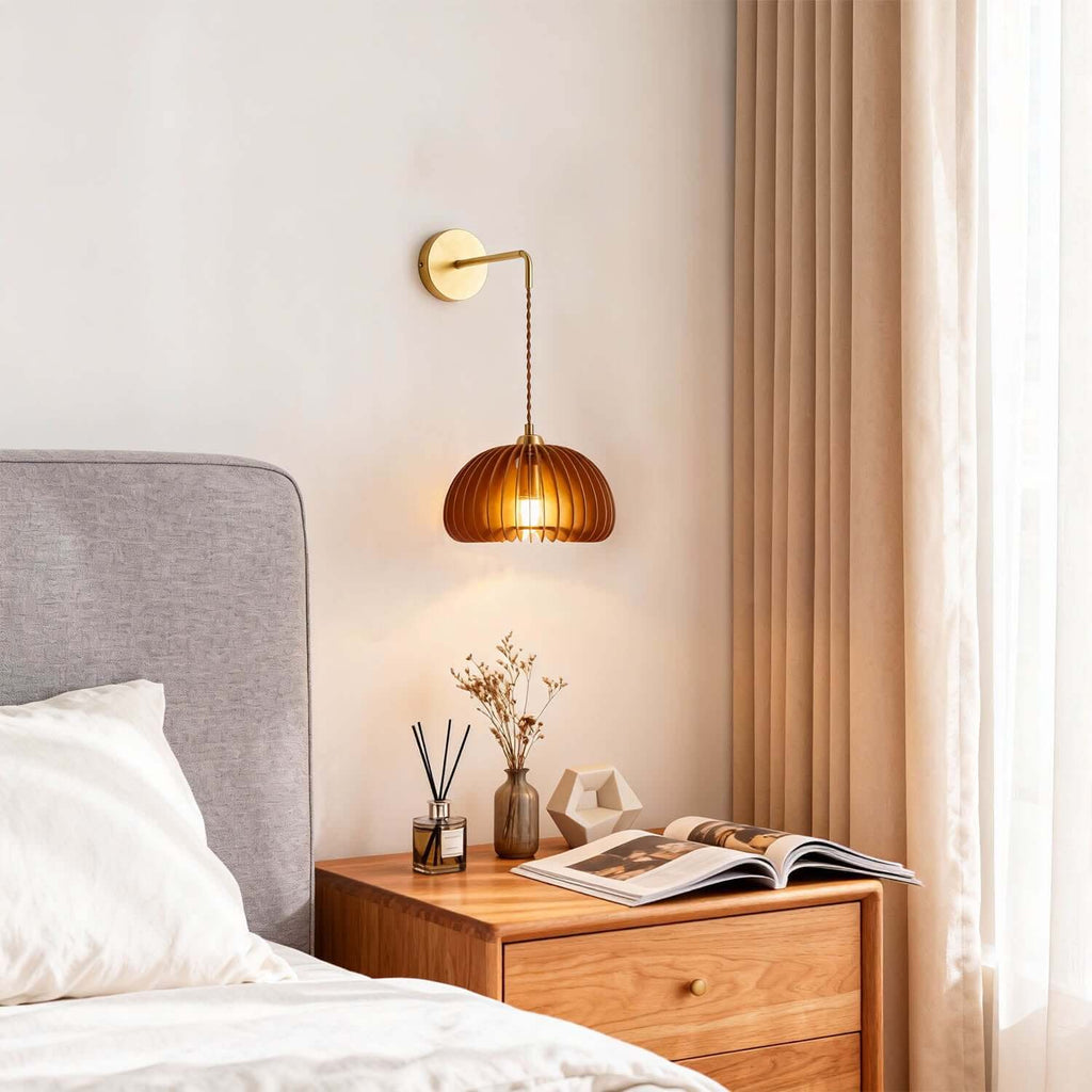 Toravi Wood & Brass Wall Light | Round Bedside Sconce