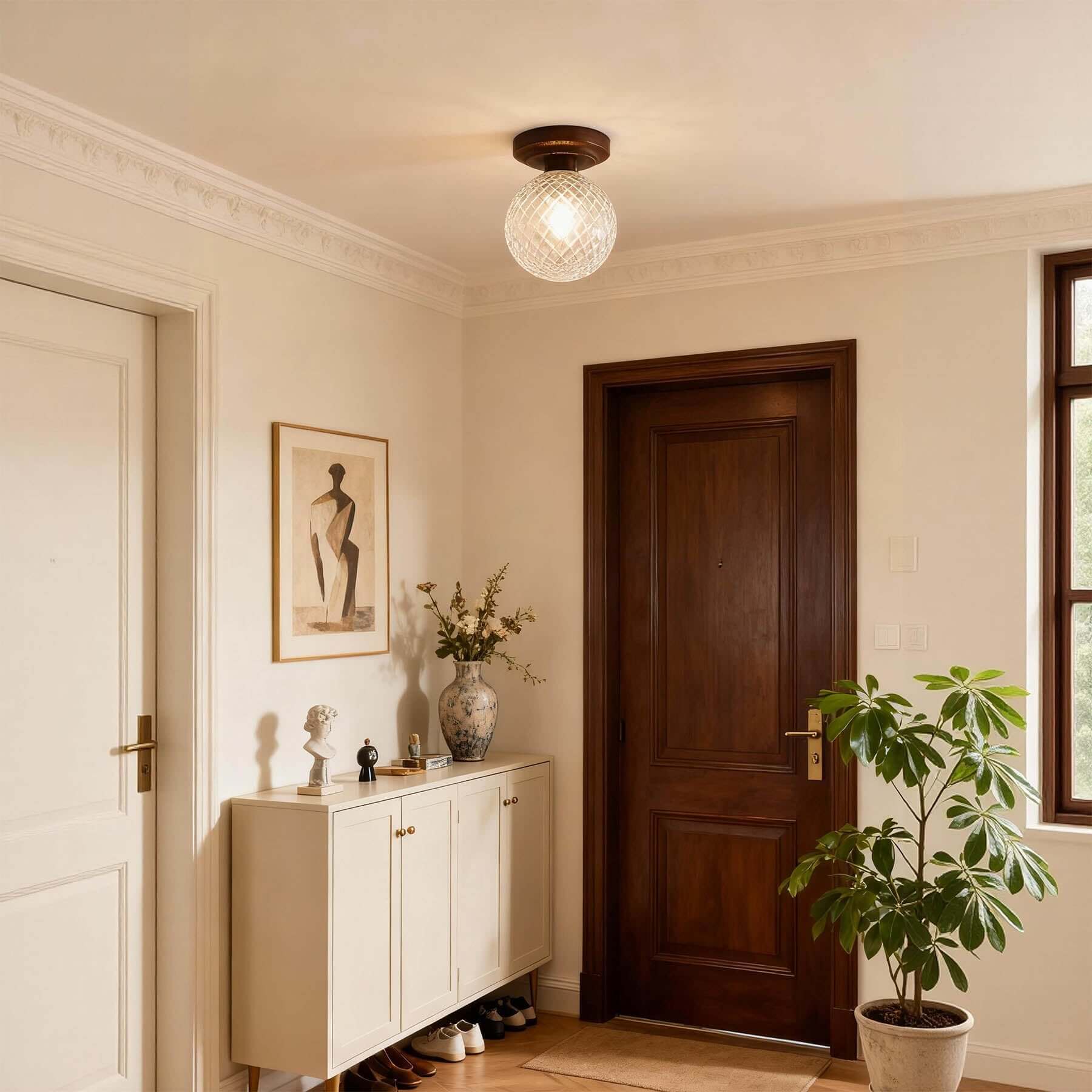 Toremi Glass & Wood Ceiling Lamp | Small Room Flush Mount Design