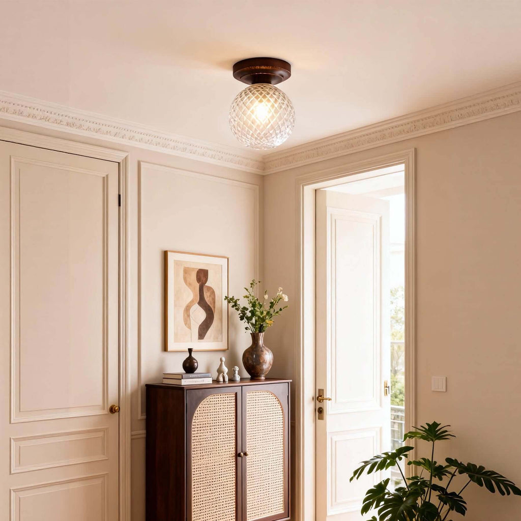 Toremi Glass & Wood Ceiling Lamp | Small Room Flush Mount Design