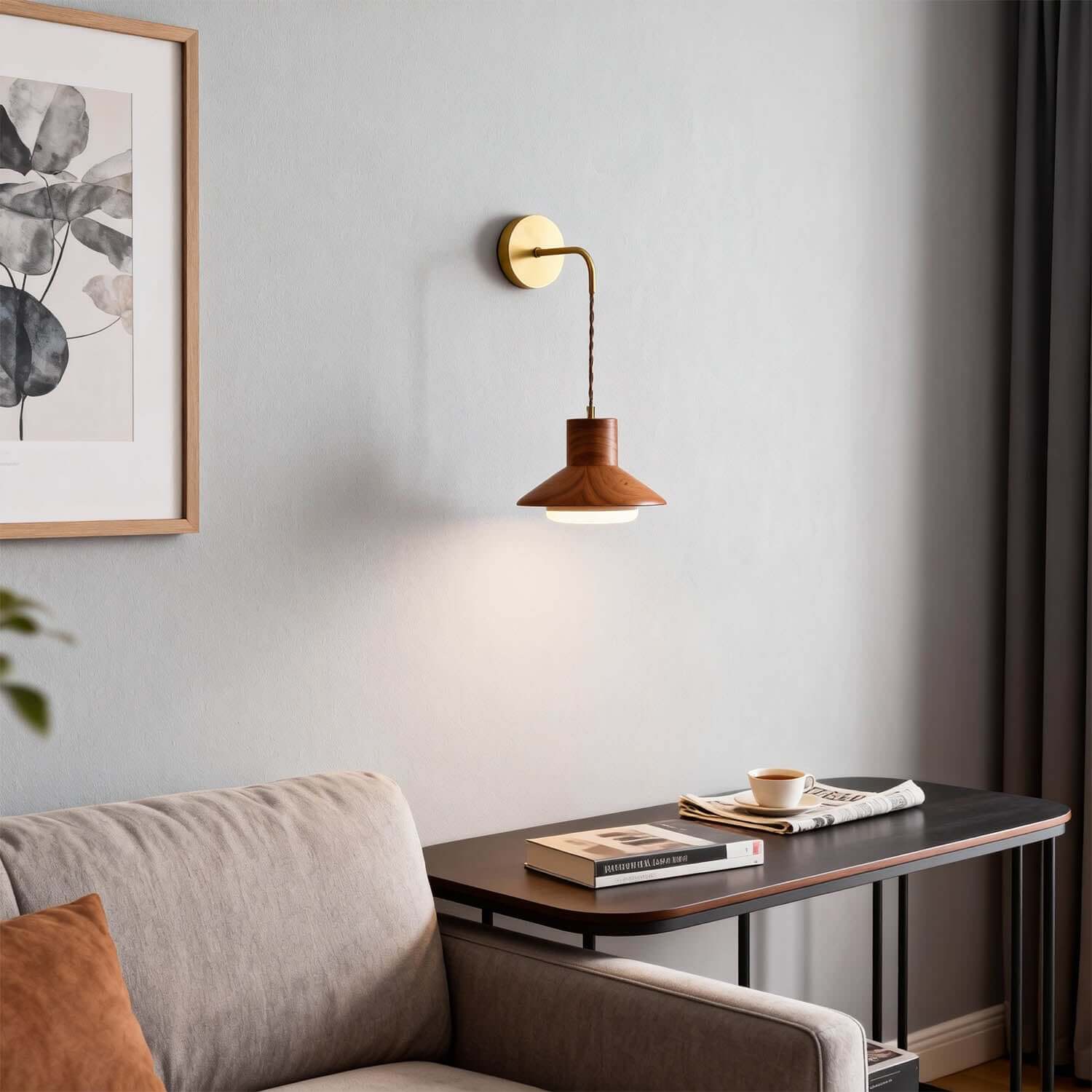 Treva Wood & Brass Wall Light | Minimal Bedside Corner Sconce
