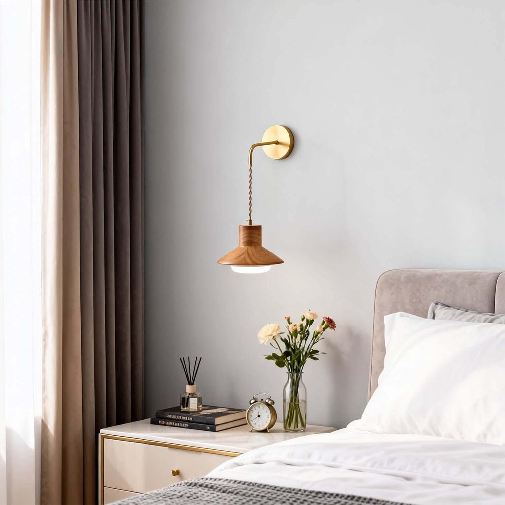 Treva Wood & Brass Wall Light | Minimal Bedside Corner Sconce