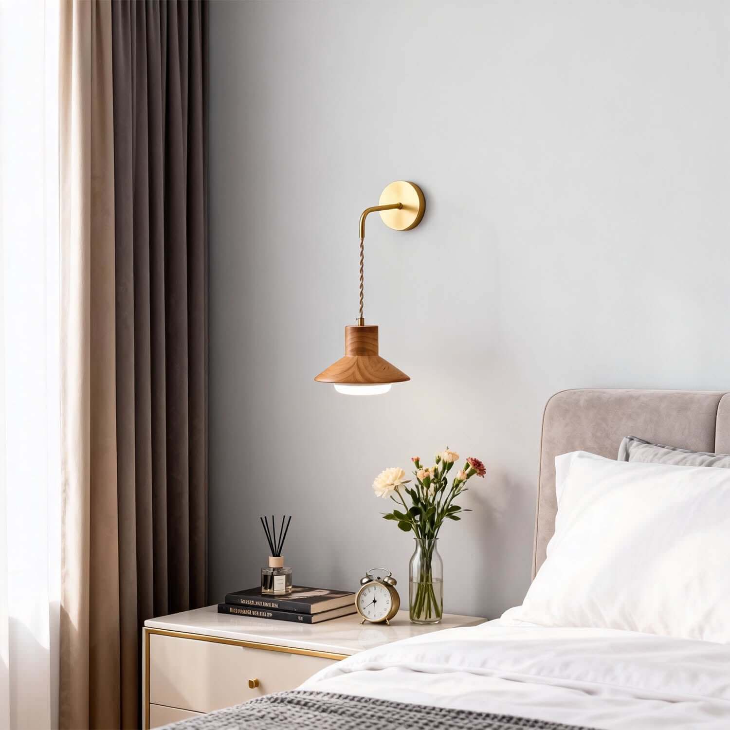 Treva Wood & Brass Wall Light | Minimal Bedside Corner Sconce