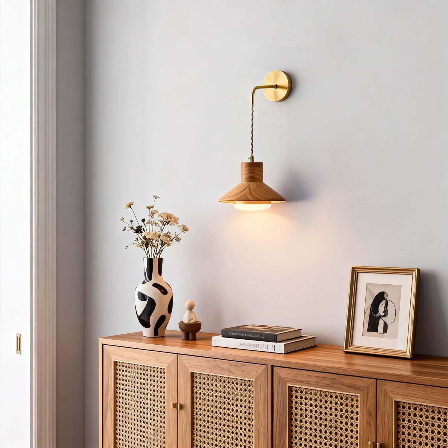 Treva Wood & Brass Wall Light | Minimal Bedside Corner Sconce