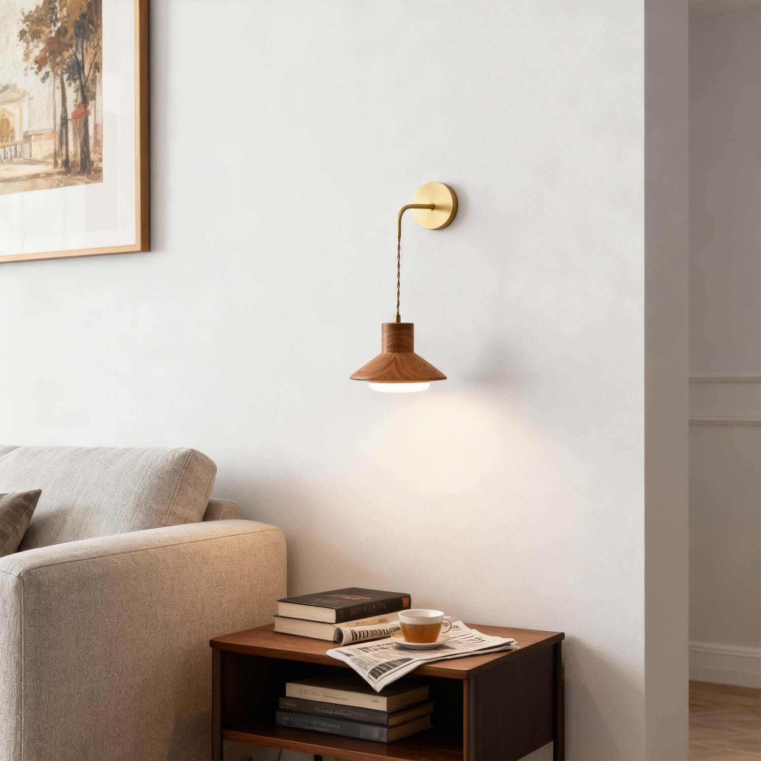 Treva Wood & Brass Wall Light | Minimal Bedside Corner Sconce
