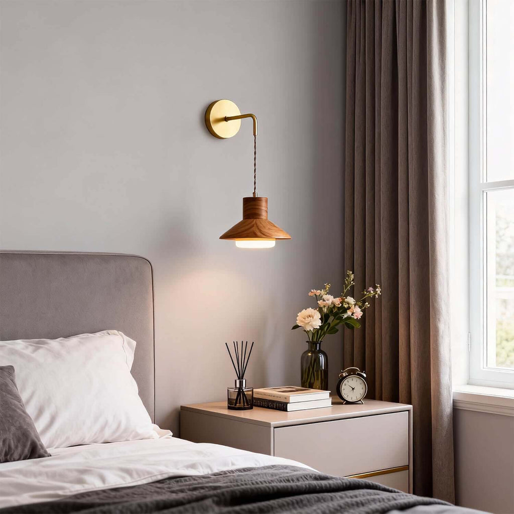Treva Wood & Brass Wall Light | Minimal Bedside Corner Sconce