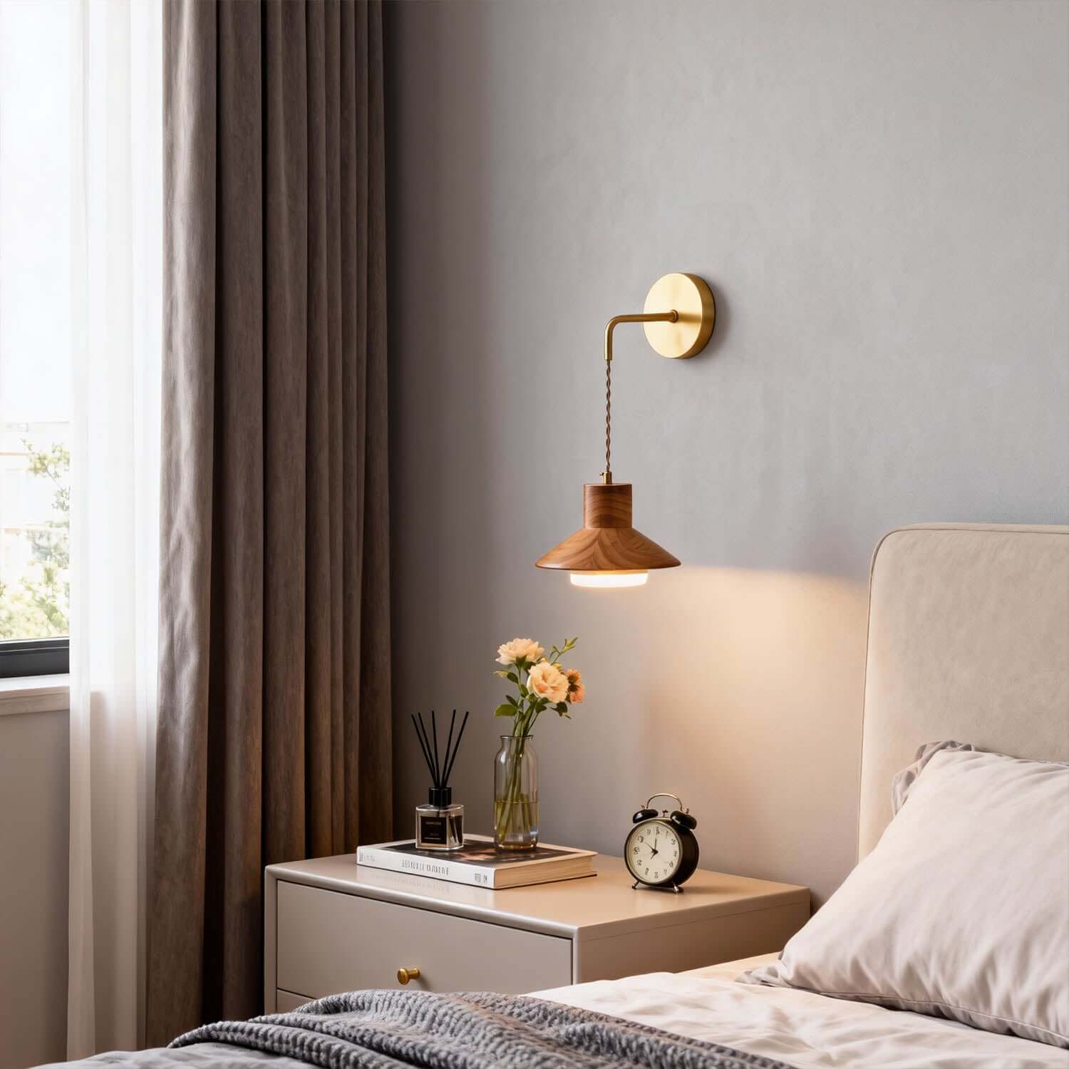 Treva Wood & Brass Wall Light | Minimal Bedside Corner Sconce
