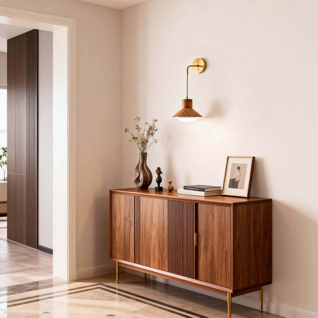 Treva Wood & Brass Wall Light | Minimal Bedside Corner Sconce