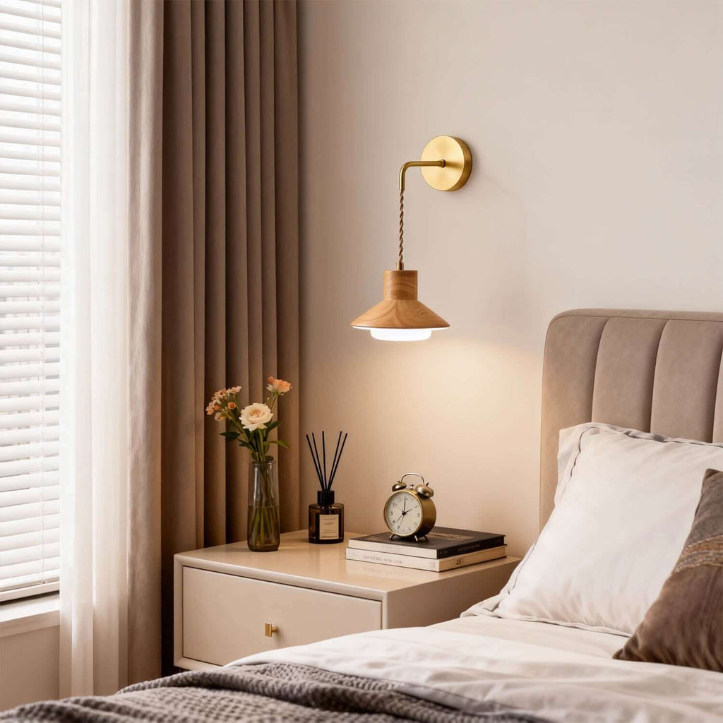 Treva Wood & Brass Wall Light | Minimal Bedside Corner Sconce