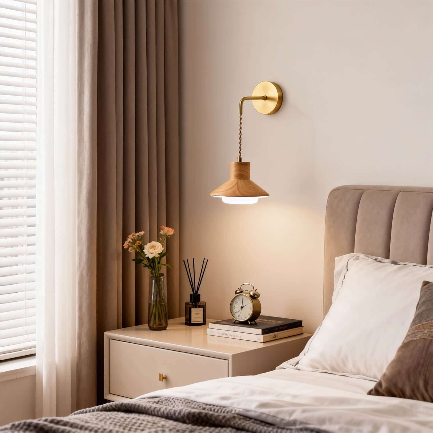 Treva Wood & Brass Wall Light | Minimal Bedside Corner Sconce