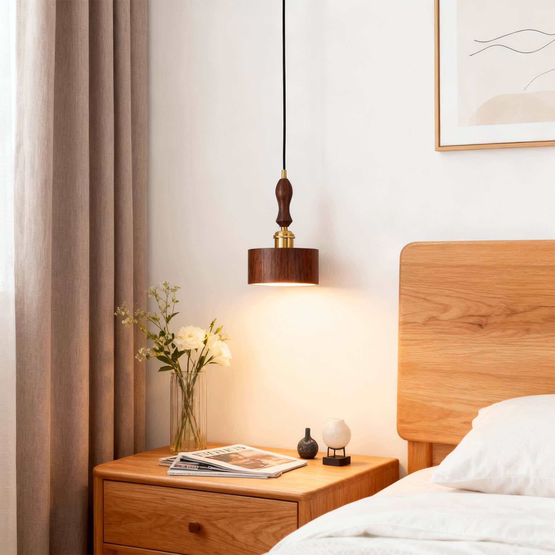 Virelo Wood Pendant Lamp | Japandi Slender Hanging Bedside Light