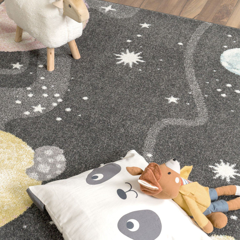 Nino Space Kids Rug | Pastel Planets & Stars Anthracite Design