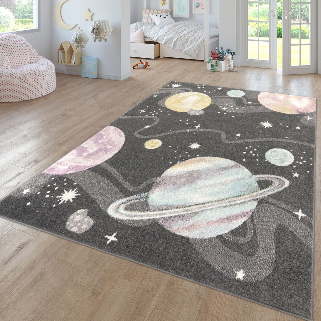 Nino Space Kids Rug | Pastel Planets & Stars Anthracite Design