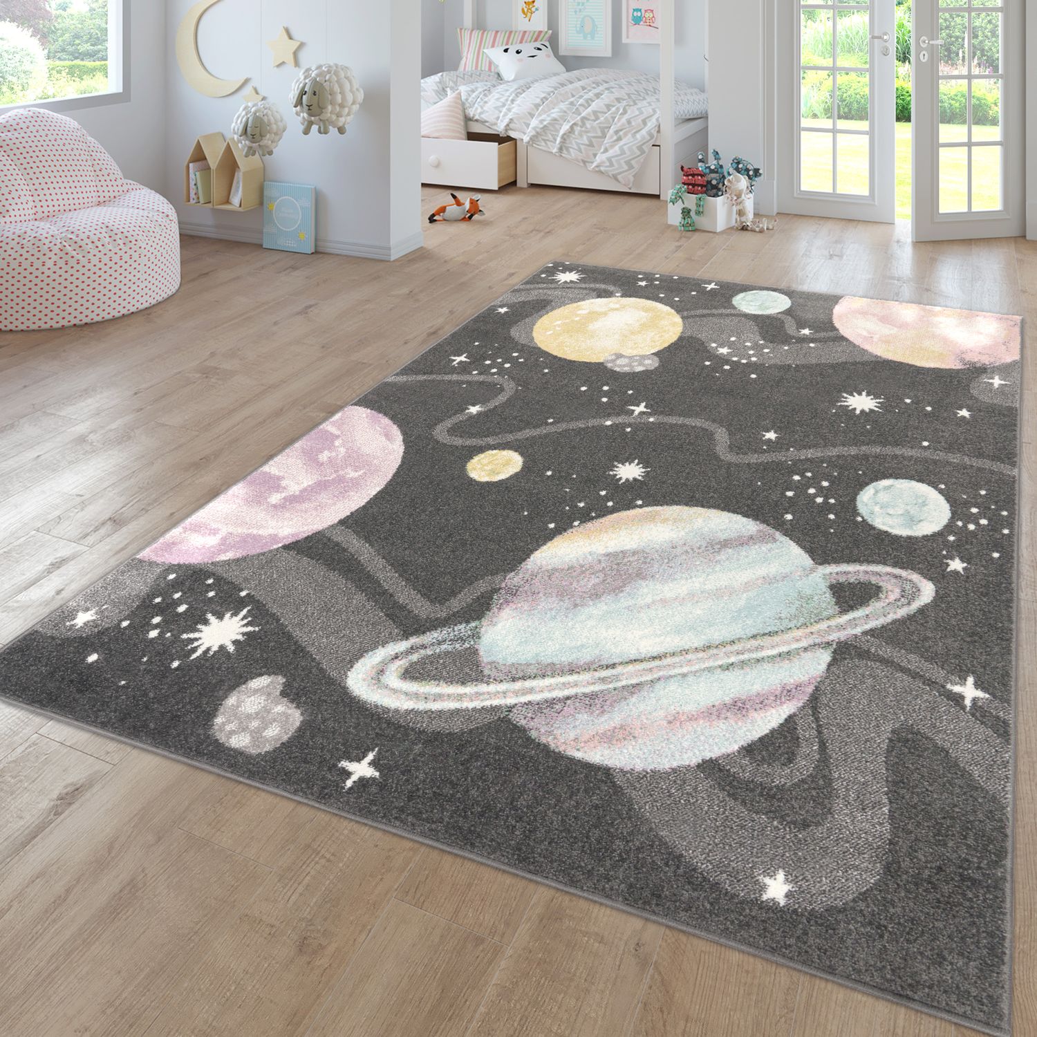 Nino Space Kids Rug | Pastel Planets & Stars Anthracite Design