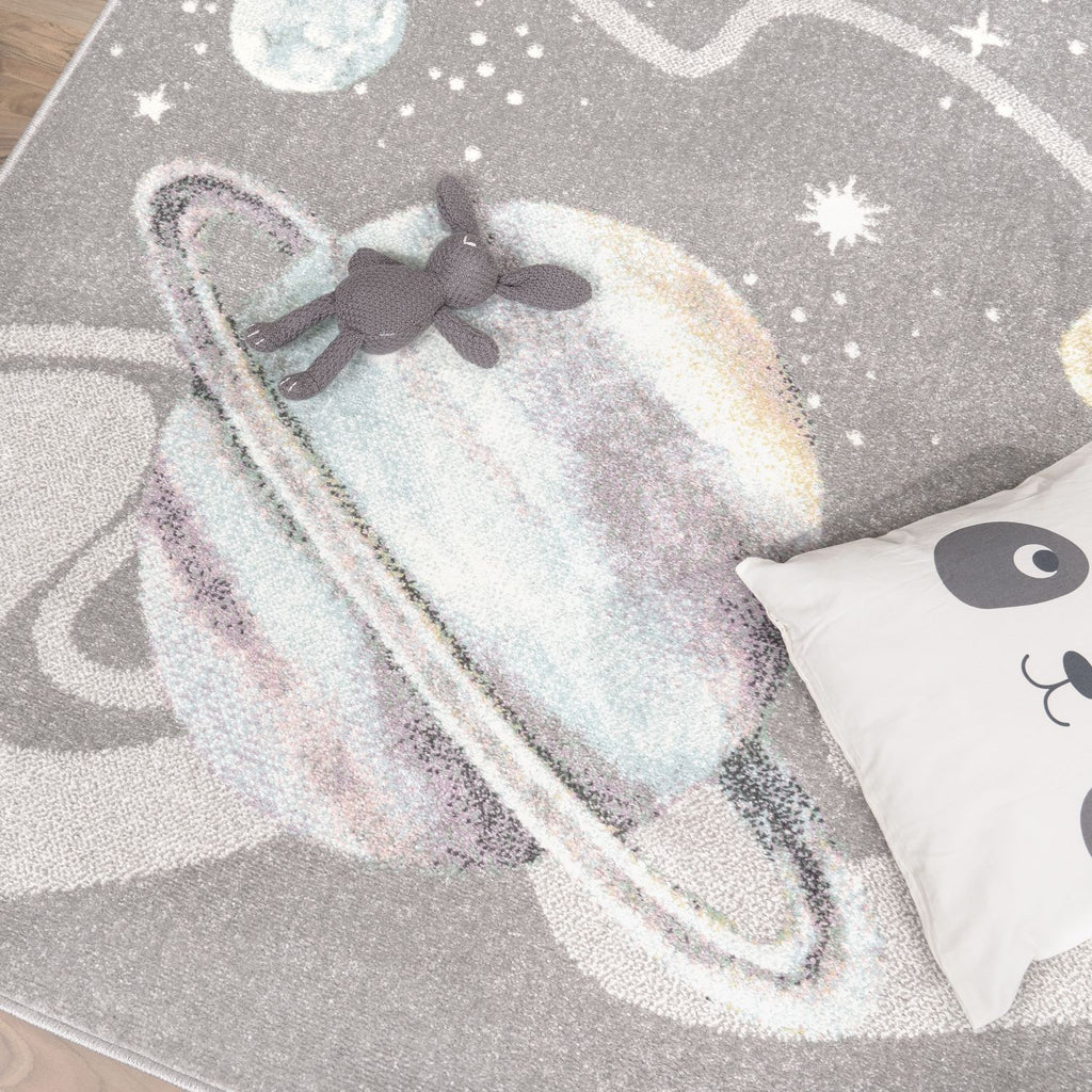 Nino Space Kids Rug | Pastel Planets & Stars Grey Design
