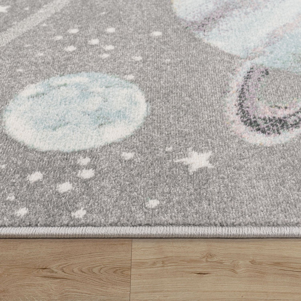 Nino Space Kids Rug | Pastel Planets & Stars Grey Design