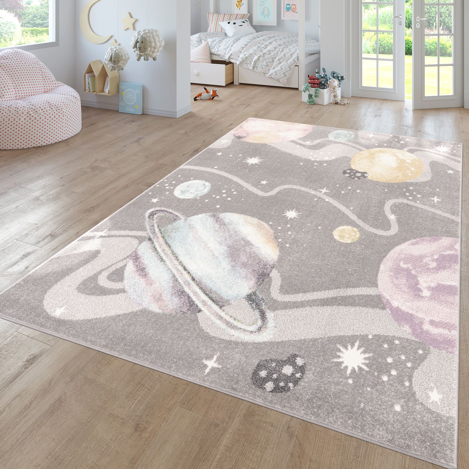 Nino Space Kids Rug | Pastel Planets & Stars Grey Design