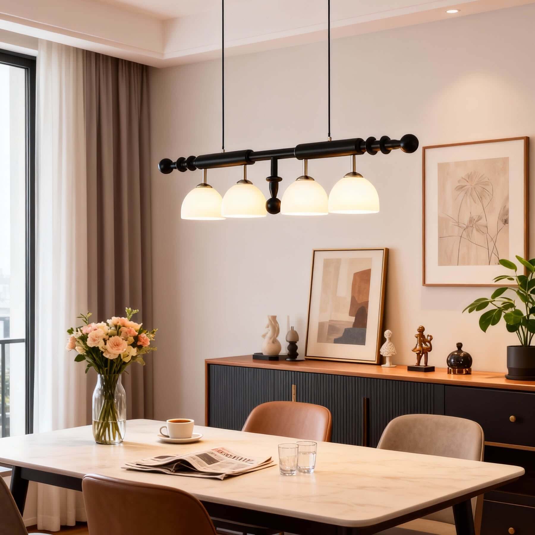 Havilo Linear Wood Chandelier | Long Dining Room Statement Light