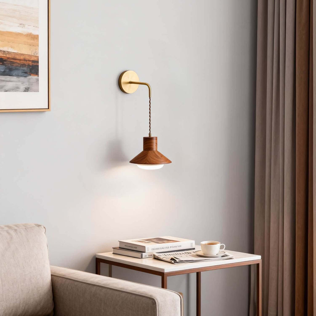 Treva Wood & Brass Wall Light | Minimal Bedside Corner Sconce