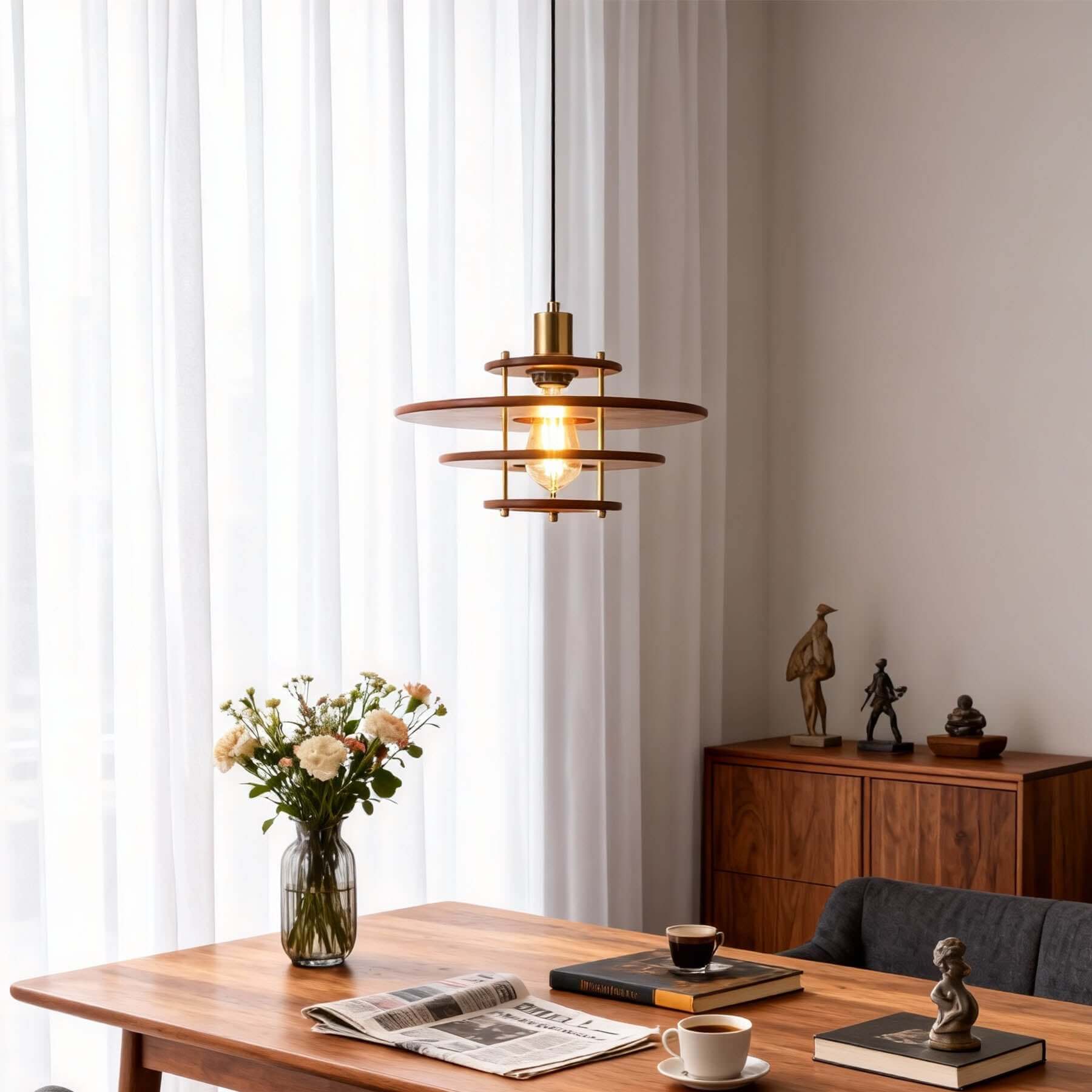 Xeruvo Metal & Wood Pendant Light | Sculptural Dining Room Hanging Lamp