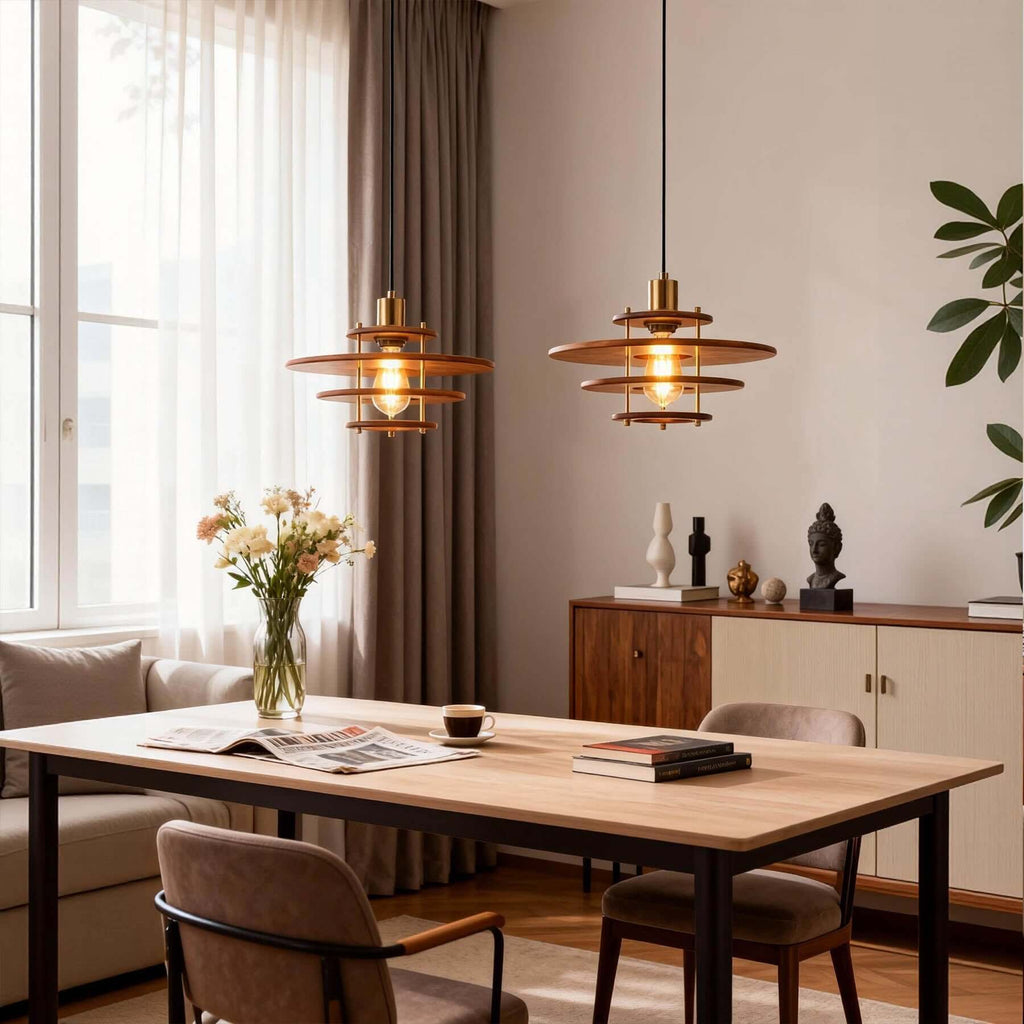 Xeruvo Metal & Wood Pendant Light | Sculptural Dining Room Hanging Lamp