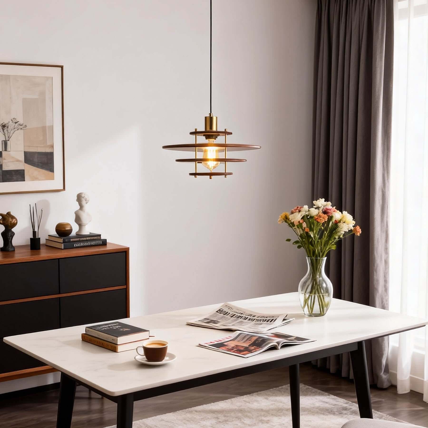 Xeruvo Metal & Wood Pendant Light | Sculptural Dining Room Hanging Lamp