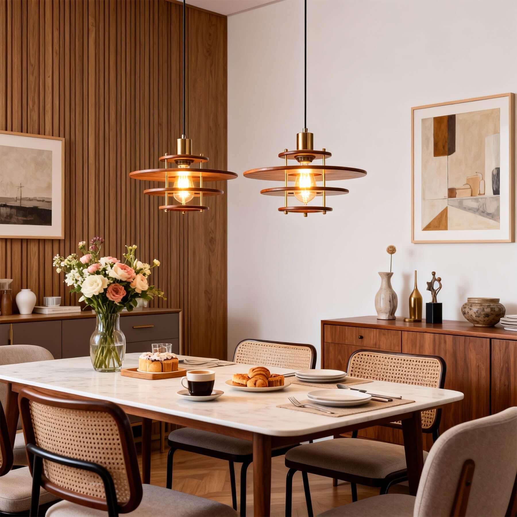 Xeruvo Metal & Wood Pendant Light | Sculptural Dining Room Hanging Lamp