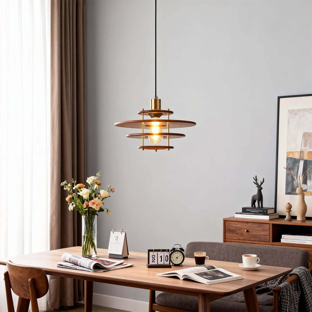 Xeruvo Metal & Wood Pendant Light | Sculptural Dining Room Hanging Lamp