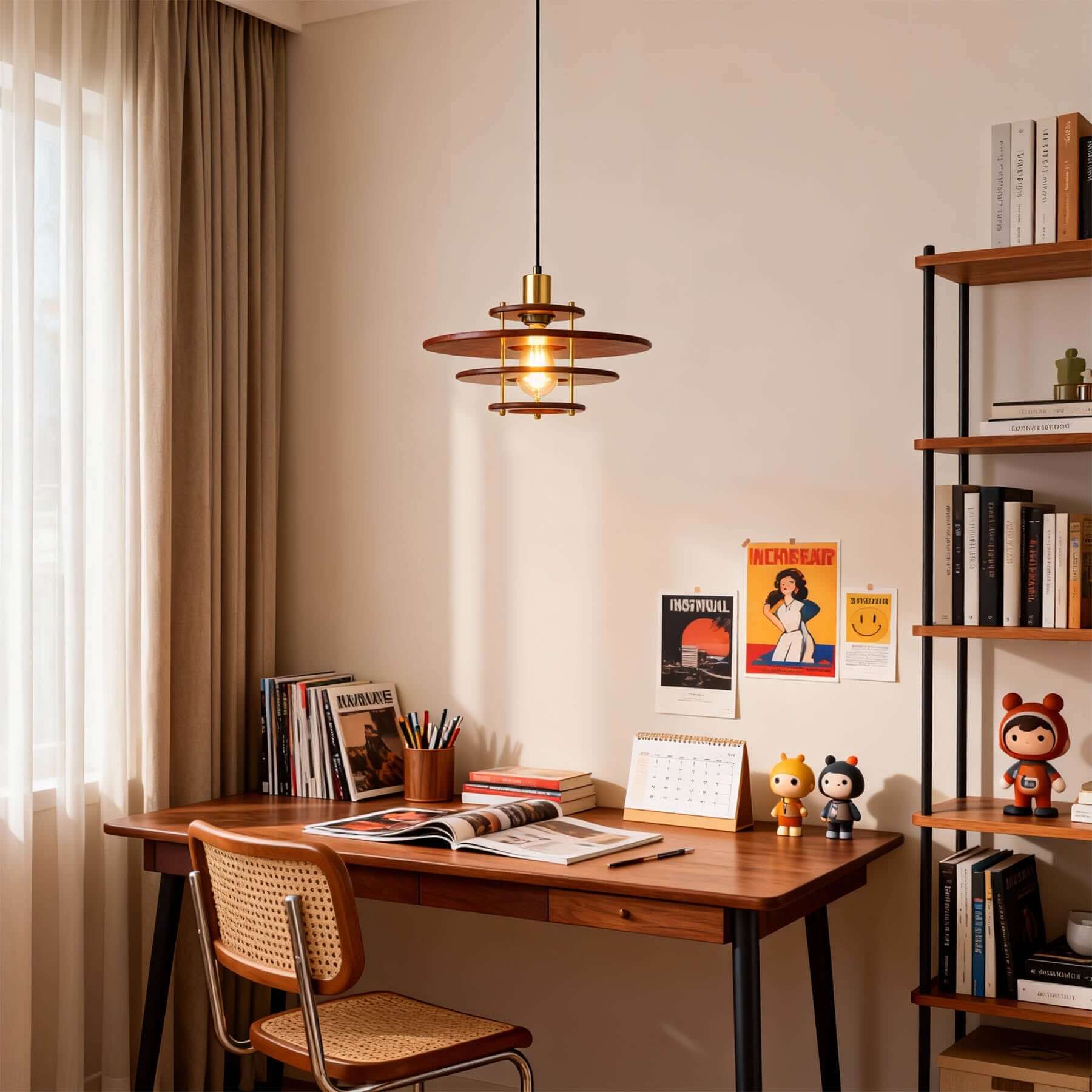 Xeruvo Metal & Wood Pendant Light | Sculptural Dining Room Hanging Lamp