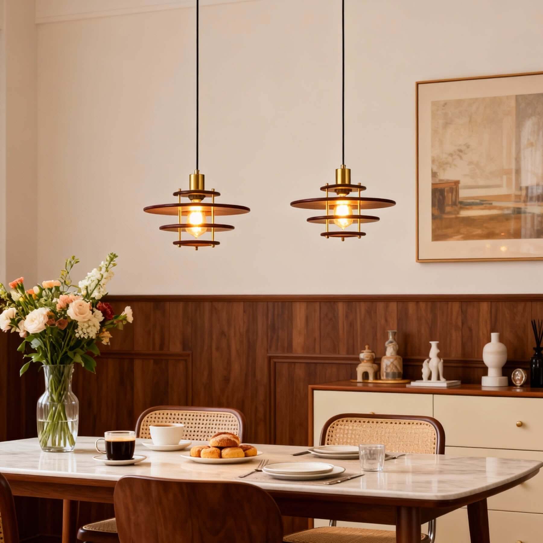 Xeruvo Metal & Wood Pendant Light | Sculptural Dining Room Hanging Lamp