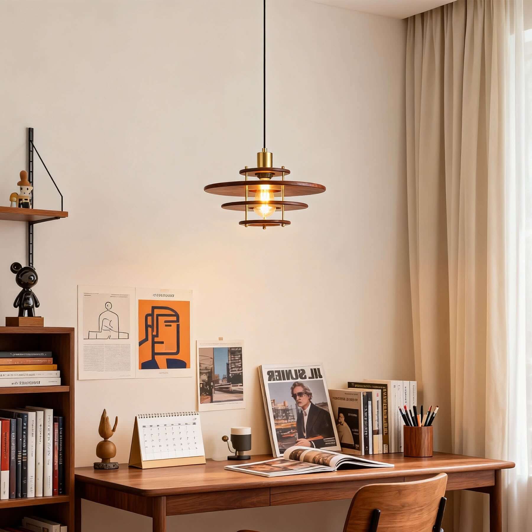 Xeruvo Metal & Wood Pendant Light | Sculptural Dining Room Hanging Lamp