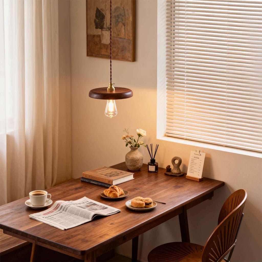 Xovira Wood Pendant Light | Retro Flat Disc Porch Hanging Lamp
