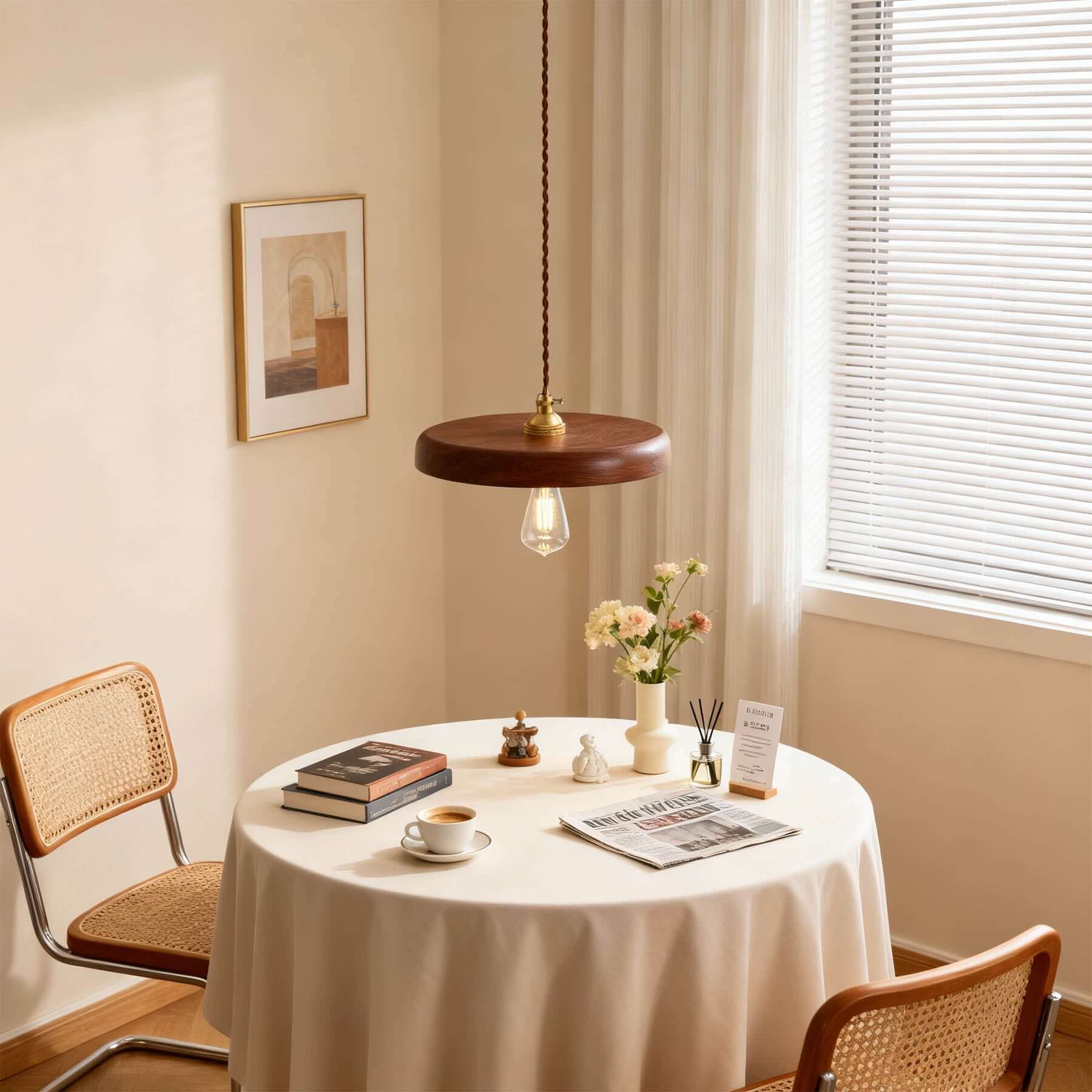 Xovira Wood Pendant Light | Retro Flat Disc Porch Hanging Lamp