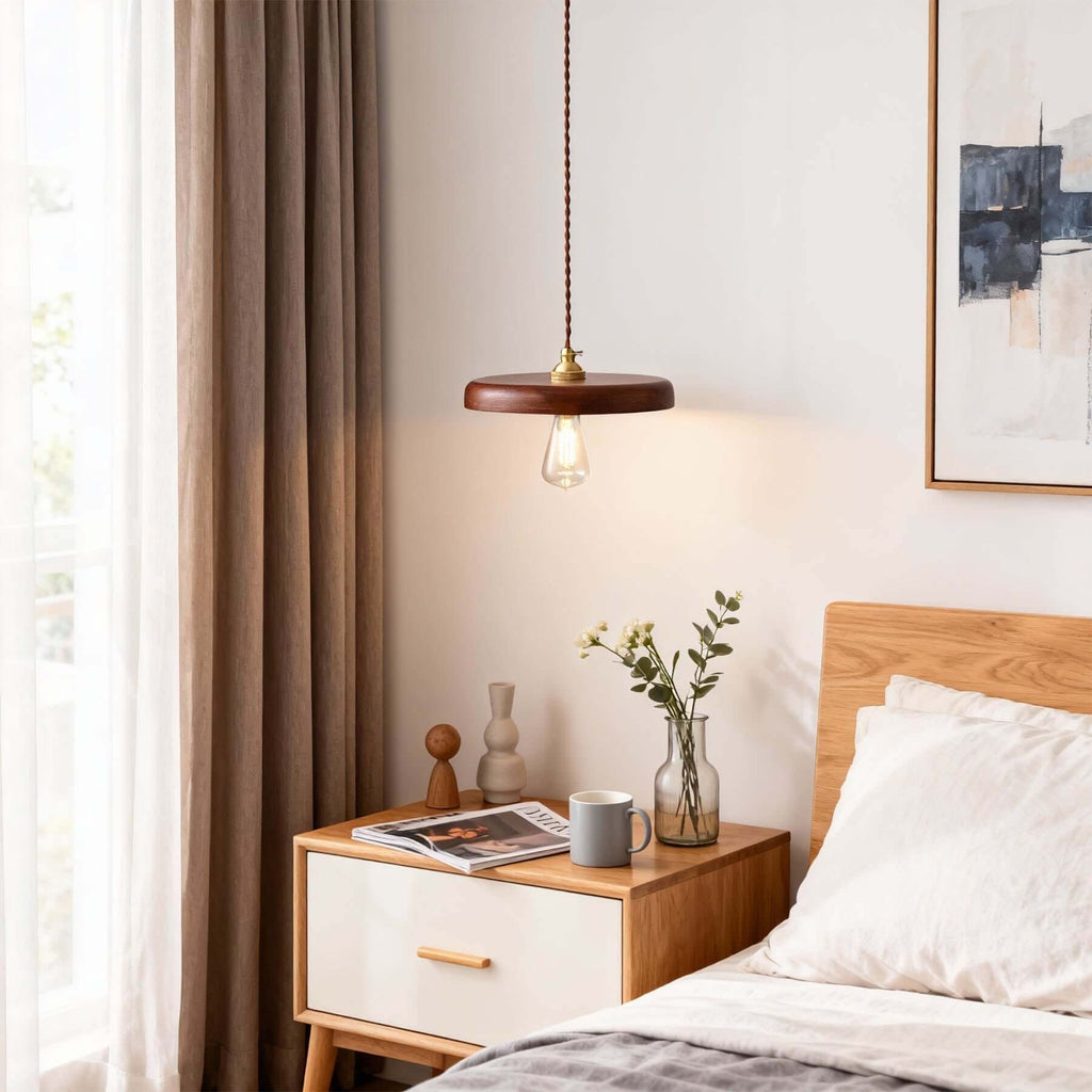 Xovira Wood Pendant Light | Retro Flat Disc Porch Hanging Lamp