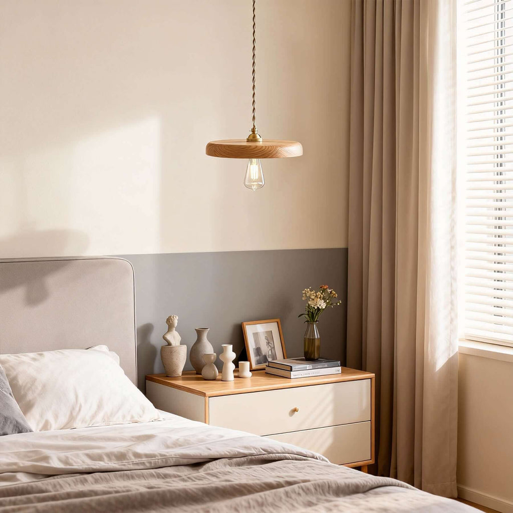 Xovira Wood Pendant Light | Retro Flat Disc Porch Hanging Lamp