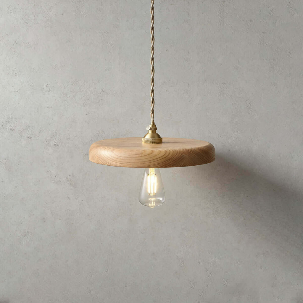 Xovira Wood Pendant Light | Retro Flat Disc Porch Hanging Lamp